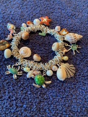 Seaside Charm Bracelet with Green Turtle and Shell Charms